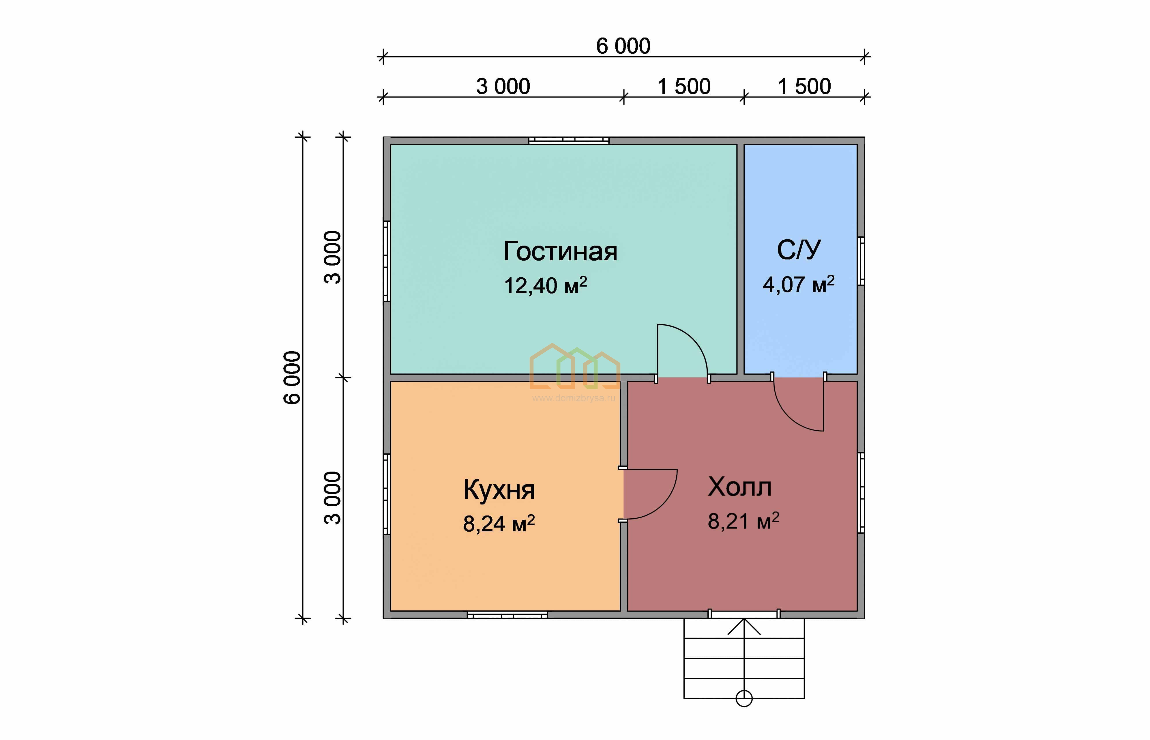 Дом из бруса одноэтажный 6х6 купить в Пестово цена 798000, площадь: 36 м2,  Брус 90х140 мм. с верандой