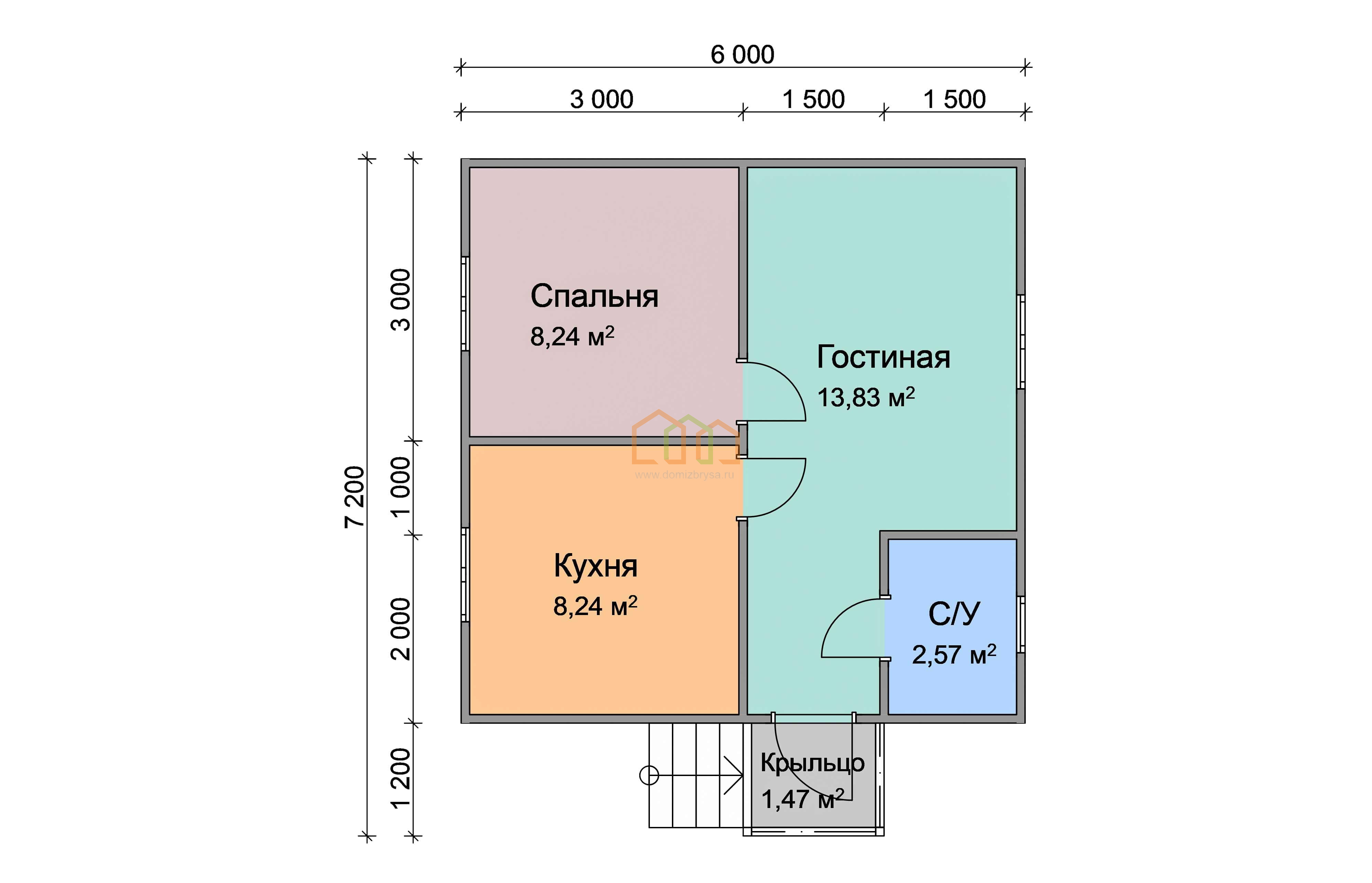 Дом из бруса одноэтажный 6х6 купить в Пестово цена 819500, площадь: 39 м2,  Брус 90х140 мм. с крыльцом